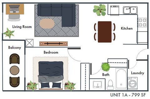 A floor plan of a one bedroom apartment with a living room, kitchen, bathroom, and balcony.